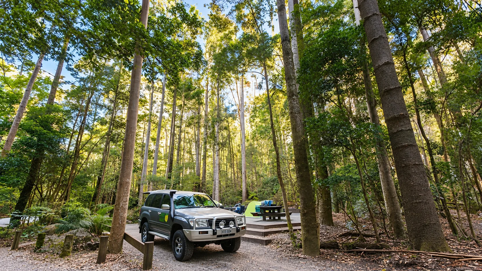 A Landcruiser and tent at a forest campsite among tall trees